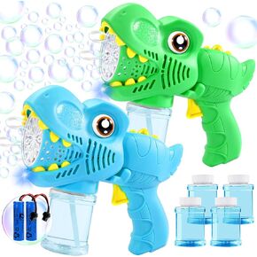 Kids Bubble Gun 2 Pack Dino Bubble Machine Gun for Toddlers with 4 Bubbles Solution Automatic 13-Hole Bubbles Blower Maker Bubbles for Kids Party Favors Stocking Stuffers Birthday Gift for Boys Girls