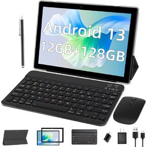 2 in 1 Tablet 10 Inch Android 14 OS Tableta, Tablets with Keyboard, Mouse, Case, Stylus, 64GB ROM+8GB RAM, 2MP+8MP Dual Camera, Quad Core Processor, 6000mAh Battery, 10.1 in FHD Tab Blue