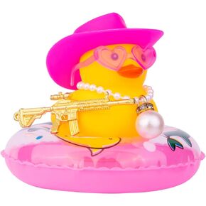 CoFuBcad Rubber Duck for Dashboard, Cowboy Duck Car Dashboard Decoration Squeak Duck Car Ornaments Accessories with Mini Swim Ring Cowboy Hat Pearl Necklace Colorful Sunglasses Unique Prop(Style C25)