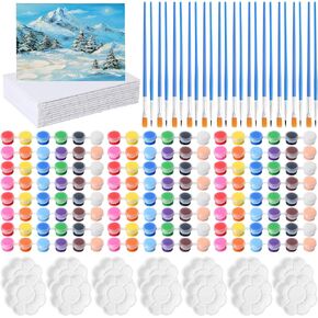 Qilery 12 Sets Acrylic Paint Kit 5 x 7 Inch Canvas Panels 12 Colors Acrylic Paint Strips Painting Brushes Palettes Art Set for Kids Adults Birthday Classroom Party Favors