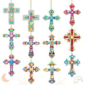 Junkin 12 Pcs Cross Diamond Keychains Double Sided Cross Shaped Christmas Painting Keychains Diamond Kits DIY Key Ring Pendant for Beginners Adults Crafts Ornament