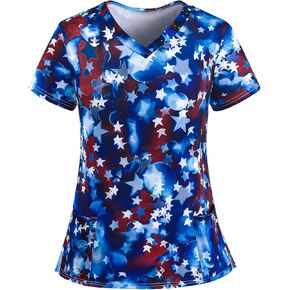 July 4th Scrub Tops Women Vneck American Flag Prints Independence Day Patriotic Working Uniforms Pocketed Holiday Shirt
