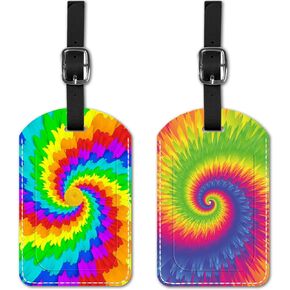 Bright Tie Dye Luggage Tags for Suitcases, 2 Pack Leather Travel Suitcase Tag with Privacy Flap Address Card and Adjustable Leather Loop for Adult Teen Cruise Airport Travel Essentials