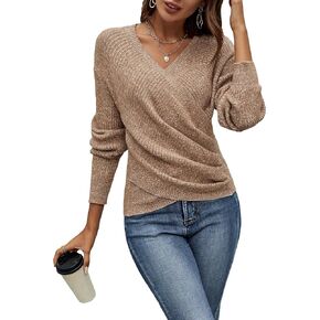 SOLY HUX Women's V Neck Criss Cross Wrap Ruched Long Sleeve Sweaters Pullover Tops
