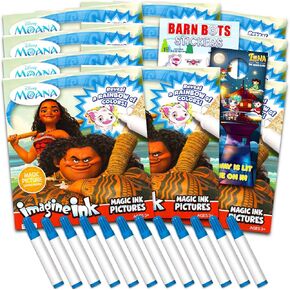 Disney Moana Imagine Ink Coloring Book Set for Kids - 12 Pack No-Mess Magic Ink Princesss Moana Coloring Books with Barn Bots Stickers and Door Hanger (Moana Party Favors Bundle)