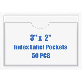 Origin-Joy 50 PCS Self-Adhesive Index Label Pockets, Clear Plastic Peel & Stick Card Holders with Top Open for Loading (1 x 3 inch)
