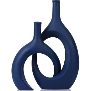 Navy Blue Vase Set of 2 Unique Hollow Bud Vase Pampas Grass vase Ceramics Living Room Decorations for Fire Place Decor Coffee Table Decor Mantle Decor Dining Table Centerpiece Decor Bookshelf Decor