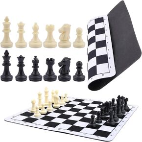 Portable Chess & Checkers Set, 235mm Tournament Roll Up Chess Board with Drawstring Bag, Folding Rollable Chess Set Travel Chess Set for Kids and Adults(Black)
