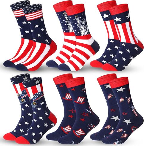 Hercicy 6 Pairs Independence Day Crew Socks 4th of July Novelty Patriotic Socks Red White and Blue Stripes American Flag Socks for Women Men Teen Girls, 6 Designs in Saudi Arabia