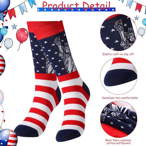 Hercicy 6 Pairs Independence Day Crew Socks 4th of July Novelty Patriotic Socks Red White and Blue Stripes American Flag Socks for Women Men Teen Girls, 6 Designs in Saudi Arabia