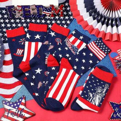 Hercicy 6 Pairs Independence Day Crew Socks 4th of July Novelty Patriotic Socks Red White and Blue Stripes American Flag Socks for Women Men Teen Girls, 6 Designs in Saudi Arabia