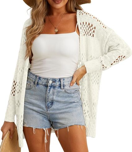 GRECERELLE Women's Open Front Cardigan 2024 Loose Batwing Sleeve Boho Crochet Lightweight Oversized Knit Sweater(White, Medium) in Saudi Arabia
