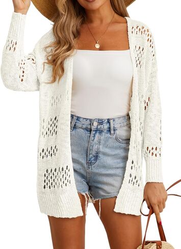GRECERELLE Women's Open Front Cardigan 2024 Loose Batwing Sleeve Boho Crochet Lightweight Oversized Knit Sweater(White, Medium) in Saudi Arabia