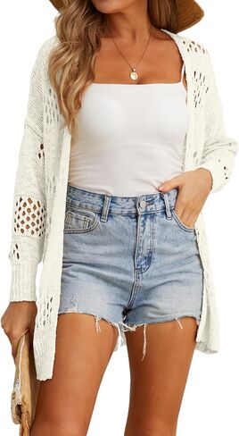 GRECERELLE Women's Open Front Cardigan 2024 Loose Batwing Sleeve Boho Crochet Lightweight Oversized Knit Sweater(White, Medium) in Saudi Arabia