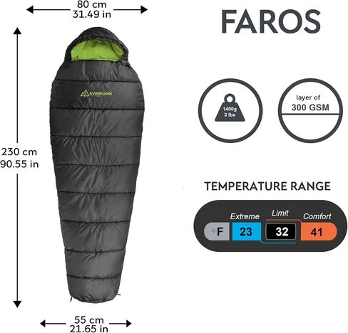 Evermann Faros Sleeping Bag for Adults & Kids - Light and Compressible for Camping | Ideal for Cold Temperatures Up to 32 F | Compression Bag Included in Saudi Arabia