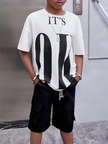 Floerns Boy's 2 Piece Outfit Letter Graphic Tee Shirt and Track Shorts Set in Saudi Arabia
