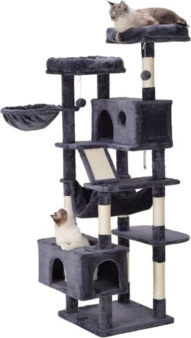 Hey-brother Cat Tree, XL Cozy Cat Tower, 69 Inch Tall Cat Condo with Hammock, Basket, Scratching Posts, 2 Large Cat Caves, 2 Plush Perches, Stable Cat Activity Center, Smoky Gray MPJ033G in Saudi Arabia