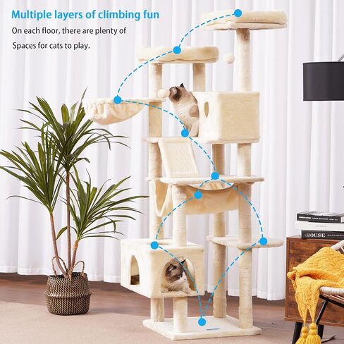 Hey-brother Cat Tree, XL Cozy Cat Tower, 69 Inch Tall Cat Condo with Hammock, Basket, Scratching Posts, 2 Large Cat Caves, 2 Plush Perches, Stable Cat Activity Center, Smoky Gray MPJ033G in Saudi Arabia