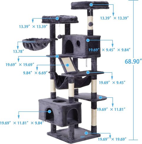 Hey-brother Cat Tree, XL Cozy Cat Tower, 69 Inch Tall Cat Condo with Hammock, Basket, Scratching Posts, 2 Large Cat Caves, 2 Plush Perches, Stable Cat Activity Center, Smoky Gray MPJ033G in Saudi Arabia