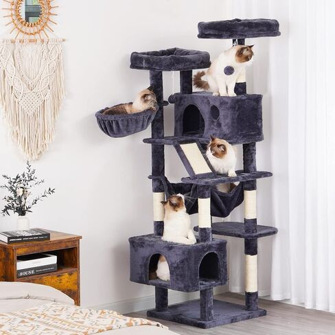 Hey-brother Cat Tree, XL Cozy Cat Tower, 69 Inch Tall Cat Condo with Hammock, Basket, Scratching Posts, 2 Large Cat Caves, 2 Plush Perches, Stable Cat Activity Center, Smoky Gray MPJ033G in Saudi Arabia