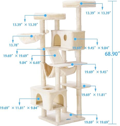 Hey-brother Cat Tree, XL Cozy Cat Tower, 69 Inch Tall Cat Condo with Hammock, Basket, Scratching Posts, 2 Large Cat Caves, 2 Plush Perches, Stable Cat Activity Center, Smoky Gray MPJ033G in Saudi Arabia