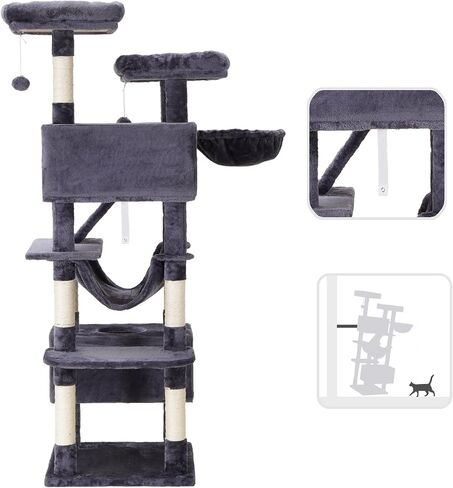 Hey-brother Cat Tree, XL Cozy Cat Tower, 69 Inch Tall Cat Condo with Hammock, Basket, Scratching Posts, 2 Large Cat Caves, 2 Plush Perches, Stable Cat Activity Center, Smoky Gray MPJ033G in Saudi Arabia