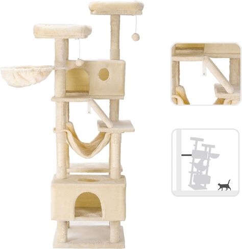 Hey-brother Cat Tree, XL Cozy Cat Tower, 69 Inch Tall Cat Condo with Hammock, Basket, Scratching Posts, 2 Large Cat Caves, 2 Plush Perches, Stable Cat Activity Center, Smoky Gray MPJ033G in Saudi Arabia