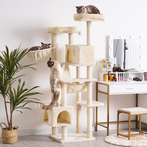 Hey-brother Cat Tree, XL Cozy Cat Tower, 69 Inch Tall Cat Condo with Hammock, Basket, Scratching Posts, 2 Large Cat Caves, 2 Plush Perches, Stable Cat Activity Center, Smoky Gray MPJ033G in Saudi Arabia