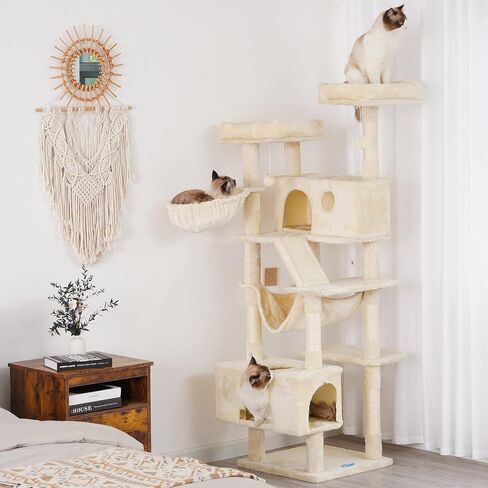 Hey-brother Cat Tree, XL Cozy Cat Tower, 69 Inch Tall Cat Condo with Hammock, Basket, Scratching Posts, 2 Large Cat Caves, 2 Plush Perches, Stable Cat Activity Center, Smoky Gray MPJ033G in Saudi Arabia