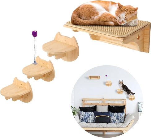 ZIRAO, Cat Wall Shelves Reinforced with Sisal Mat + 3 Wall Steps + Toy, Cat Wall Steps, Cat Climbing Shelves Solid Wood for Sleeping, Playing and Scratching (Cat Wall Shelves Sisal) in Saudi Arabia