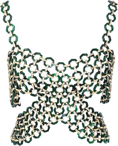 Aksod مثير الجسم سلسلة الصدرية الأعلى الأخضر لامع الصليب المحاصيل الأعلى شبكة انظر من خلال الرسن عارية الذراعين الجسم سلسلة الصدرية مجوهرات للنساء والفتيات in Kuwait