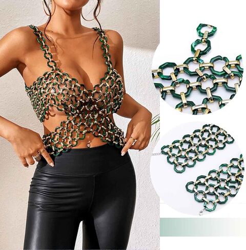 Aksod مثير الجسم سلسلة الصدرية الأعلى الأخضر لامع الصليب المحاصيل الأعلى شبكة انظر من خلال الرسن عارية الذراعين الجسم سلسلة الصدرية مجوهرات للنساء والفتيات in Kuwait