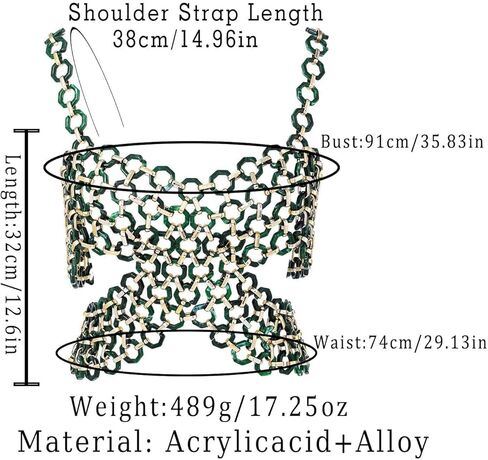 Aksod مثير الجسم سلسلة الصدرية الأعلى الأخضر لامع الصليب المحاصيل الأعلى شبكة انظر من خلال الرسن عارية الذراعين الجسم سلسلة الصدرية مجوهرات للنساء والفتيات in Kuwait