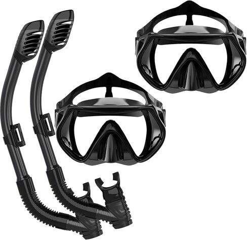 BuyCard عبوتان من معدات الغطس للبالغين، قناع الغطس الجاف، قناع الغطس، رؤية بانورامية واسعة 180 درجة، مجموعة الغطس الاحترافية للبالغين تتنفس بحرية (أسود وأسود) in Kuwait