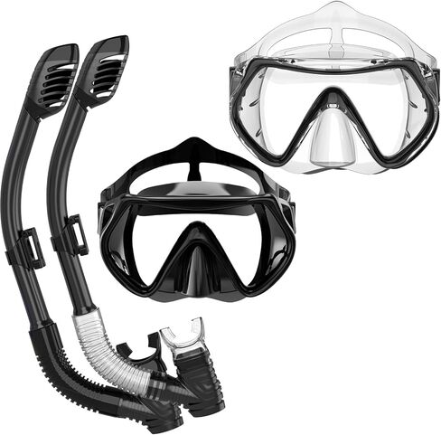 BuyCard عبوتان من معدات الغطس للبالغين، قناع الغطس الجاف، قناع الغطس، رؤية بانورامية واسعة 180 درجة، مجموعة الغطس الاحترافية للبالغين تتنفس بحرية (أسود وأسود شفاف) in Kuwait