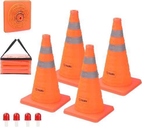 TILAX 18 Inch [6 Pack] Collapsible Traffic Safety Cones, Parking Cones with Reflective Collar, Flashing Red Light, Portable Storage Bag for Drivers Training, Orange Cones for Parking lot, Road Safety in Saudi Arabia