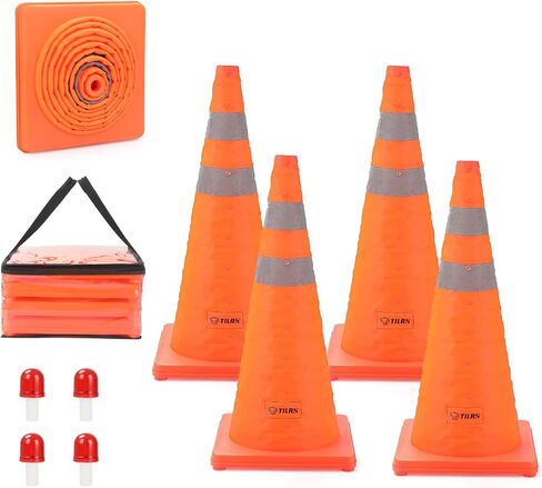 TILAX 18 Inch [6 Pack] Collapsible Traffic Safety Cones, Parking Cones with Reflective Collar, Flashing Red Light, Portable Storage Bag for Drivers Training, Orange Cones for Parking lot, Road Safety in Saudi Arabia