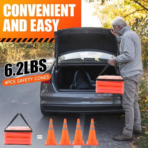 TILAX 18 Inch [6 Pack] Collapsible Traffic Safety Cones, Parking Cones with Reflective Collar, Flashing Red Light, Portable Storage Bag for Drivers Training, Orange Cones for Parking lot, Road Safety in Saudi Arabia