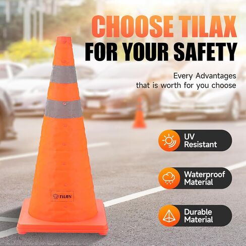 TILAX 18 Inch [6 Pack] Collapsible Traffic Safety Cones, Parking Cones with Reflective Collar, Flashing Red Light, Portable Storage Bag for Drivers Training, Orange Cones for Parking lot, Road Safety in Saudi Arabia