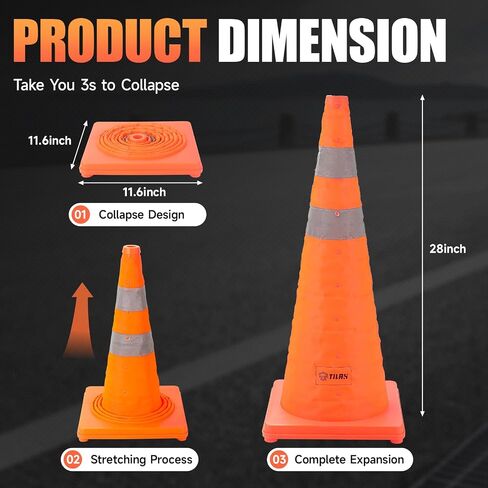 TILAX 18 Inch [6 Pack] Collapsible Traffic Safety Cones, Parking Cones with Reflective Collar, Flashing Red Light, Portable Storage Bag for Drivers Training, Orange Cones for Parking lot, Road Safety in Saudi Arabia