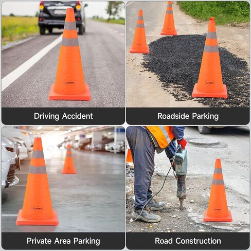 TILAX 18 Inch [6 Pack] Collapsible Traffic Safety Cones, Parking Cones with Reflective Collar, Flashing Red Light, Portable Storage Bag for Drivers Training, Orange Cones for Parking lot, Road Safety in Saudi Arabia