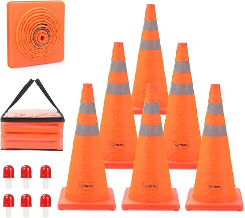 TILAX 18 Inch [6 Pack] Collapsible Traffic Safety Cones, Parking Cones with Reflective Collar, Flashing Red Light, Portable Storage Bag for Drivers Training, Orange Cones for Parking lot, Road Safety in Saudi Arabia