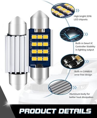 Alopee 3022 DE3022 LED لمبة 31 مم (1.22 بوصة) فسطون أبيض دافئ 3000K 9SMD 2016 رقائق، غير قطبية خالية من الأخطاء 3175 DE3175 LED لمبة لخريطة ضوء القبة، الباب، الجذع، ضوء لوحة الترخيص، حزمة من 6، DC 9-28V in Kuwait