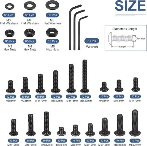 DTGN 570Pcs M3 M4 M5 Button Head Socket Cap Screws - Carbon Steel Full Thread 6/8/10/12/16/20mm Bolt Nut Set Washer Assortment Kit & Wrench - Good for Machine, Furniture in Saudi Arabia