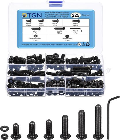 DTGN 225Pcs M6 Button Head Socket Cap Screws - Carbon Steel Full Thread 12/14/16/20/25/30mm Bolt Nut Set Washer Assortment Kit & Wrench - Good for Machine, Furniture in Saudi Arabia