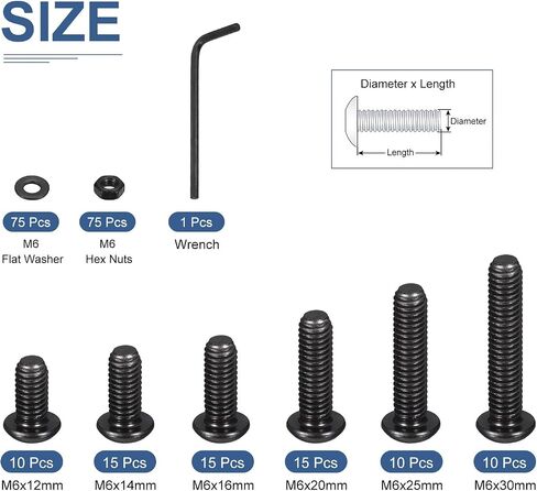 DTGN 225Pcs M6 Button Head Socket Cap Screws - Carbon Steel Full Thread 12/14/16/20/25/30mm Bolt Nut Set Washer Assortment Kit & Wrench - Good for Machine, Furniture in Saudi Arabia