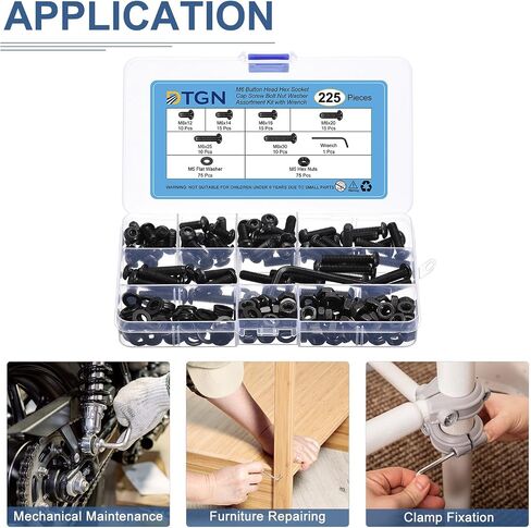 DTGN 225Pcs M6 Button Head Socket Cap Screws - Carbon Steel Full Thread 12/14/16/20/25/30mm Bolt Nut Set Washer Assortment Kit & Wrench - Good for Machine, Furniture in Saudi Arabia