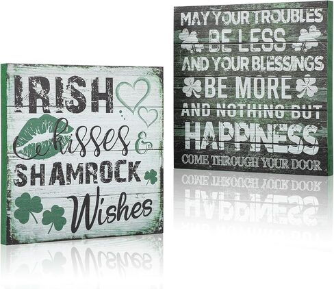 2 Pieces St Patrick's Day Decorations Shamrock Wood Blessing Box Signs Irish Table Decor Wood Block Plaque (7×7 inch, Green 2PCS) in Kuwait