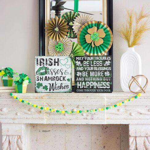 2 Pieces St Patrick's Day Decorations Shamrock Wood Blessing Box Signs Irish Table Decor Wood Block Plaque (7×7 inch, Green 2PCS) in Kuwait