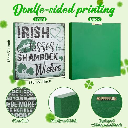 2 Pieces St Patrick's Day Decorations Shamrock Wood Blessing Box Signs Irish Table Decor Wood Block Plaque (7×7 inch, Green 2PCS) in Kuwait